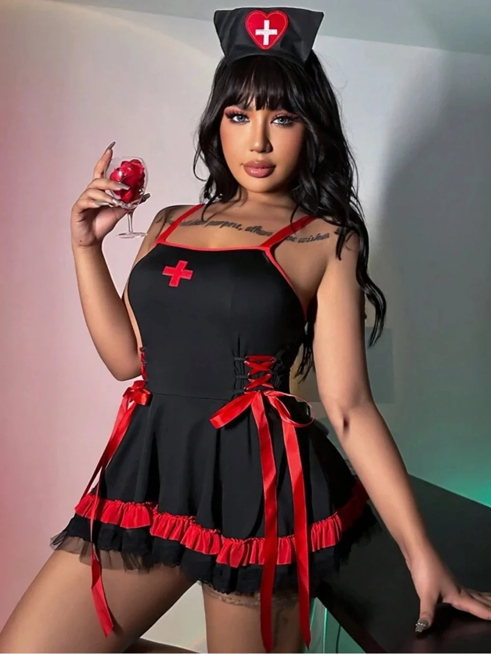 Sexy Black & Red Nurse Costume/ Fantasy Dress 3Piece Set